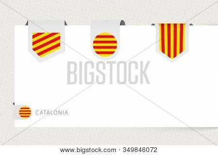 Label Flag Collection Of Catalonia In Different Shape. Ribbon Flag Template Of Catalonia Hanging Fro