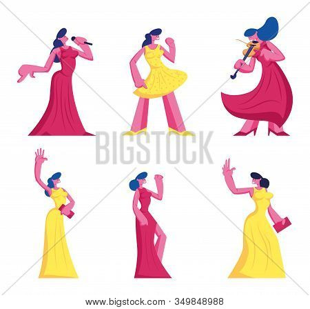 Set Of Young Women In Beautiful Dresses Isolated On White Background. Female Character Perform On St