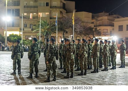 Heraklion, Crete, Greece - 28 April 2019: Easter Celebration Night Outside Agios Minas Cathedral. A 