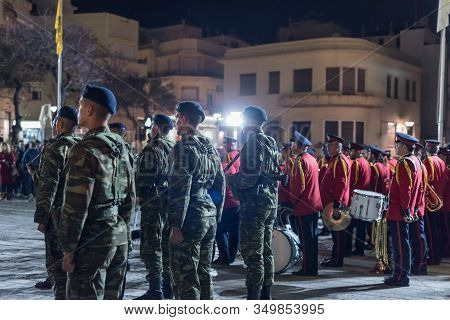 Heraklion, Crete, Greece - 28 April 2019: Easter Celebration Night Outside Agios Minas Cathedral. A 