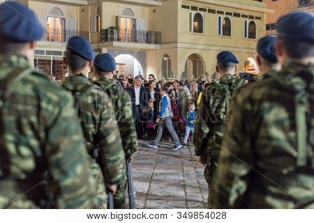 Heraklion, Crete, Greece - 28 April 2019: Easter Celebration Night Outside Agios Minas Cathedral. A 