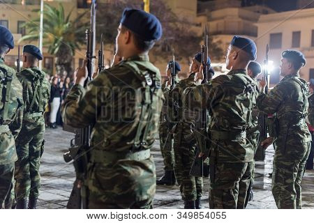 Heraklion, Crete, Greece - 28 April 2019: Easter Celebration Night Outside Agios Minas Cathedral. A 