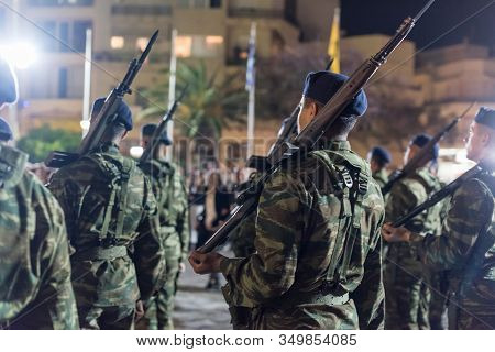 Heraklion, Crete, Greece - 28 April 2019: Easter Celebration Night Outside Agios Minas Cathedral. A 