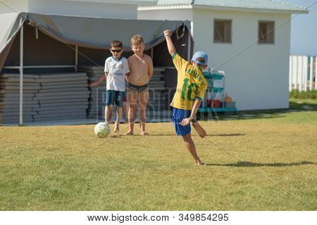 10 Th June, 2018, Sousse, Tunisia. Kids Animation In A Concord Green Park Hotel. Boys Playing Footba