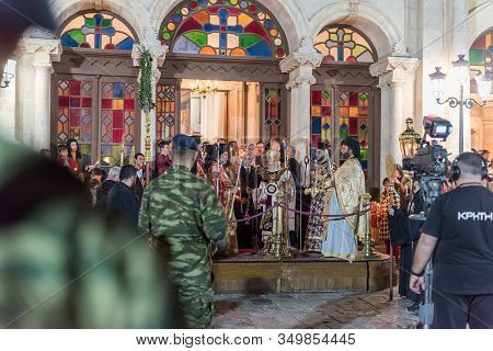 Heraklion, Crete, Greece - 28 April 2019: Easter Celebration Night Outside Agios Minas Cathedral. Сe