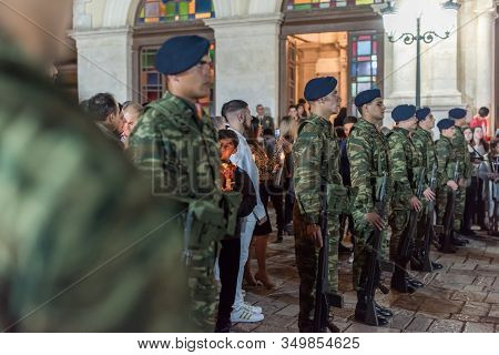 Heraklion, Crete, Greece - 28 April 2019: Easter Celebration Night Outside Agios Minas Cathedral. A 
