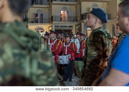Heraklion, Crete, Greece - 28 April 2019: Easter Celebration Night Outside Agios Minas Cathedral. A 