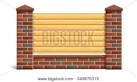 Brick Fence With Wooden Boards. Foreground, Object Isolated On White Background.