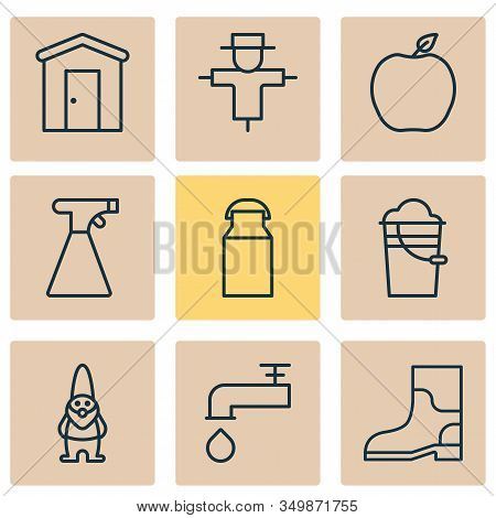Farm Icons Set With Faucet, Gardening Shoes, Barn And Other Bugbear Elements. Isolated Illustration 
