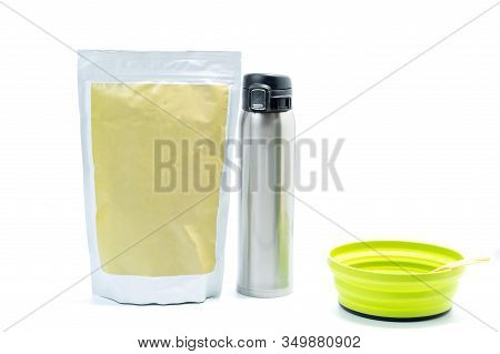 Food In Packaging And Thermos. Thermal Bottle And Packaging.