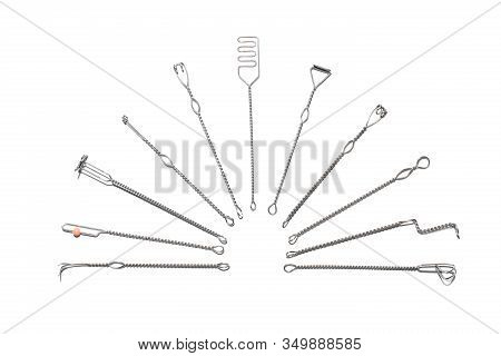 Set Of Logopedic Probes On White Background, Top View. Speech Therapist's Tools