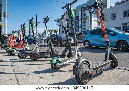 Los Angeles - September 4, 2019: Electric Scooters For Rent On The Streets For Easy Alternative Tran