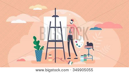 Drawing Or Painting Concept, Flat Tiny Person Vector Illustration. Stylized Artists Workshop Activit