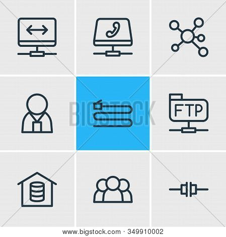 Illustration Of 9 Network Icons Line Style. Editable Set Of Root Server, Voip Gateway, Administrator