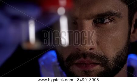 Criminalist Examining Glass Jar Close Up, Suspect Identification, Experiment