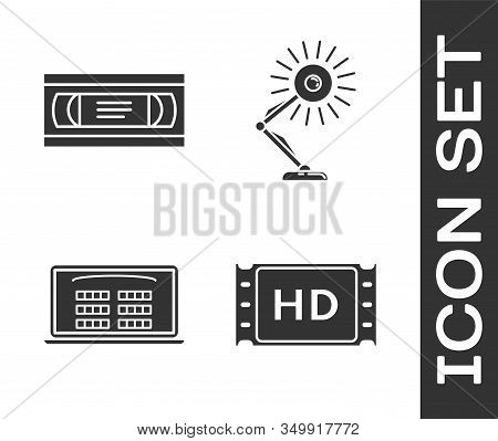 Set 4k Movie, Tape, Frame , Vhs Video Cassette Tape , Buy Cinema Ticket Online And Table Lamp Icon. 
