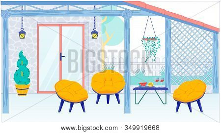 House Terrace Or Balcony Interior And Furniture Background. Open Air Home Resting Area With Armchair