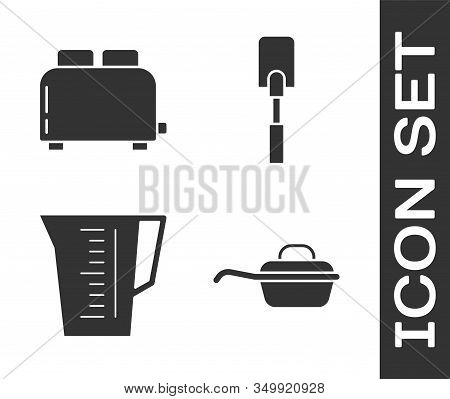 Set Frying Pan , Toaster With Toasts , Measuring Cup And Spatula Icon. Vector