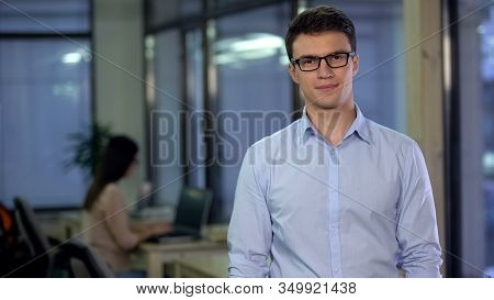 Handsome Male Employee In Formalwear And Eyeglasses Looking Camera, Business
