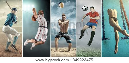 Collage of professional sport athlettes. Baseball, basketball, beach volleyball, soccer, football,swimming.