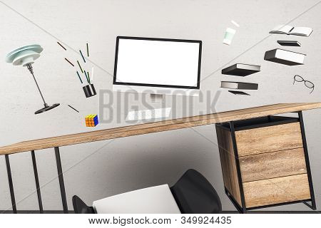 Cozy Workplace Interior With Jumping Computers And Supplies. Business Objekt And Occupation Concept.