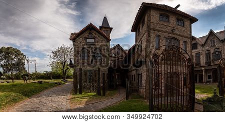 Gonzalez Catan, Argentina, September 28, 2019: Panoramic View Of Cobblestone Path Through Abandoned 