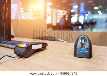 Emty Cashier Desk Counter Pos Terminal With Barcode Scanner, Receipt Printer, Wallet And Credit Card
