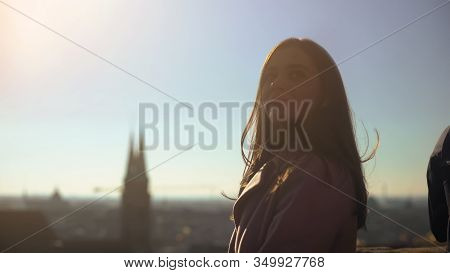 Pretty Lady Visiting Skydeck In Old European Town, Woman Traveler Enjoying View
