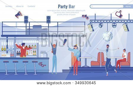 Landing Page Inviting To Visit Modern Party Bar. People Rest, Have Fun, Meet Friends. Drinking Estab
