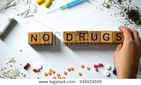 No Drugs Text On Wooden Cubes, Abuse And Addiction Concept, Social Problems