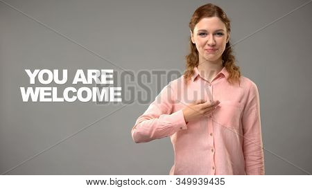 Deaf Female Saying You Are Welcome In Asl, Text On Background, Interpreter