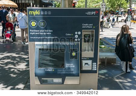 Melbourne, Australia - December 7, 2016: Myki Public Transport Ticket Top Up Machine In Streets Of M
