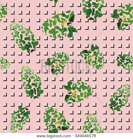 Abstract Tortuous Path Green Tropical Leaves Seamless Vector Pattern On Pink Background With Squares