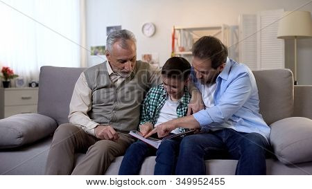 Multiage Family Members Watching Photoalbum, Strong Family Bounds, Togetherness