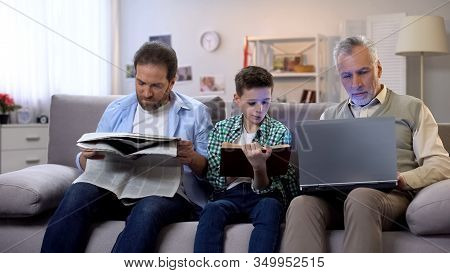 Dad And Son Reading Book And Newspaper, Aging Man Holding Laptop, Generations