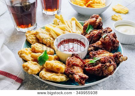 Table Fof Tasty Snacks For Beer Prepared For Watching Sports On Tv. Chicken. Chicken Wings, Chicken 