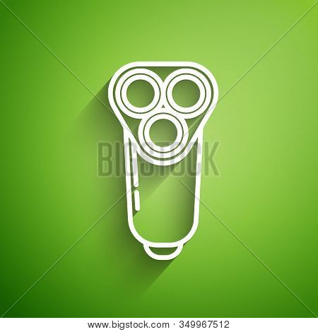White Line Electric Razor Blade For Men Icon Isolated On Green Background. Electric Shaver. Vector I