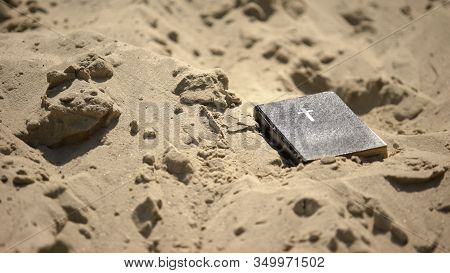Ancient Bible Abandoned In Deserted Place, Concept Of Faith Rejection, Atheism