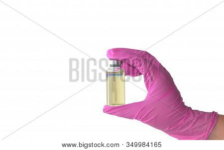 Hyaluronic Acid Bottle In Doctors Hand. Beauty Invasive Technology Concept. Hand In Pink Madical Glo