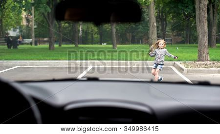 Female Kid Running Front Driving Car, Road Traffic Safety Rules, Accident Risk