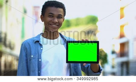 Young Afro-american Boy Showing Green Screen Tablet, Online Education, App