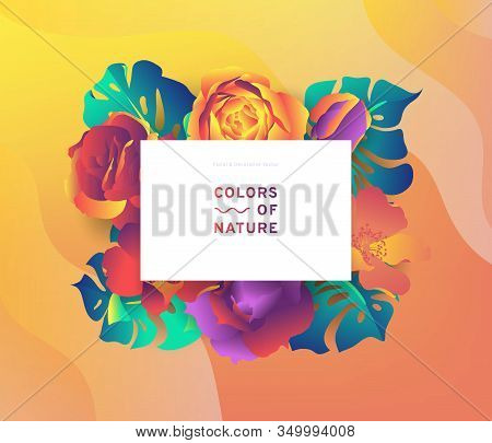 Greenery Greeting/invitation Card Template Design, Rose Flowers And Split Leaf Philodendron With Fra