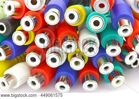 Rca Connectors For Connecting Audio And Video Devices Close-up On A White Background.