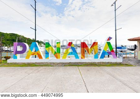 Panama City, September 8, Welcom Sign In The Port Of Perico Island At Sunrise. Shoot On September 8,