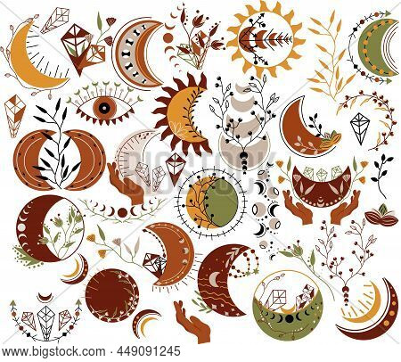 Celestial Moon Phase. Mystical Heavenly Moon, Mystic Eyes, Crystal, Leaf, Floral Moon. Bohemian Witc