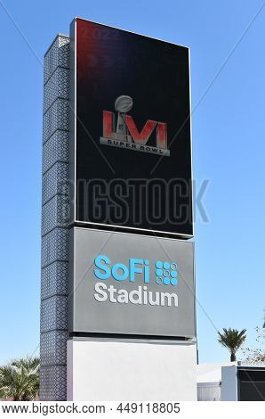 INGLEWOOD, CALIFORNIA - 12 FEB 2022: Electric Signage outside SoFi Stadium host of Super Bowl LVI betwen the Los Angeles Rams and Cincinnati Bengals.