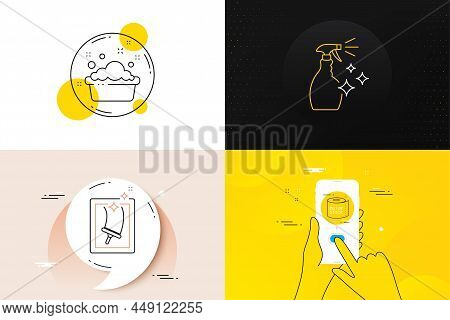 Minimal Set Of Washing Cleanser, Toilet Paper And Window Cleaning Line Icons. Phone Screen, Quote Ba