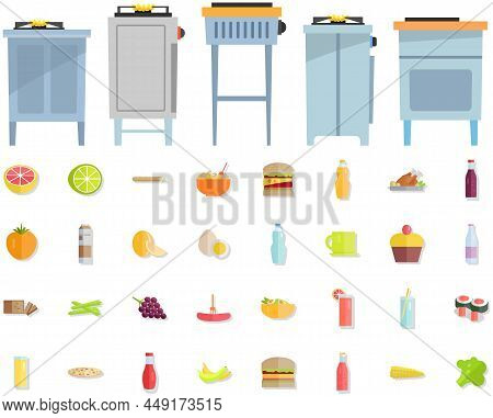 Cooking Pots And Pans On Gas Stoves Near Food Icons. Saucepan, Frying And Dripping Pan For Kitchen C