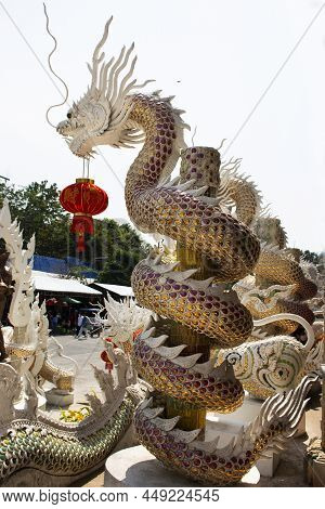 Art Dragon Statue Hanging Red Chinese Lantern At Wat Pracha Rat Bamrung Or Rang Man Temple For Thai 