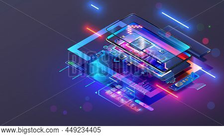 Repair Of Disassembled Cell Phone. Broken Smartphone, Electronic Components, Mobile Processor Or Chi